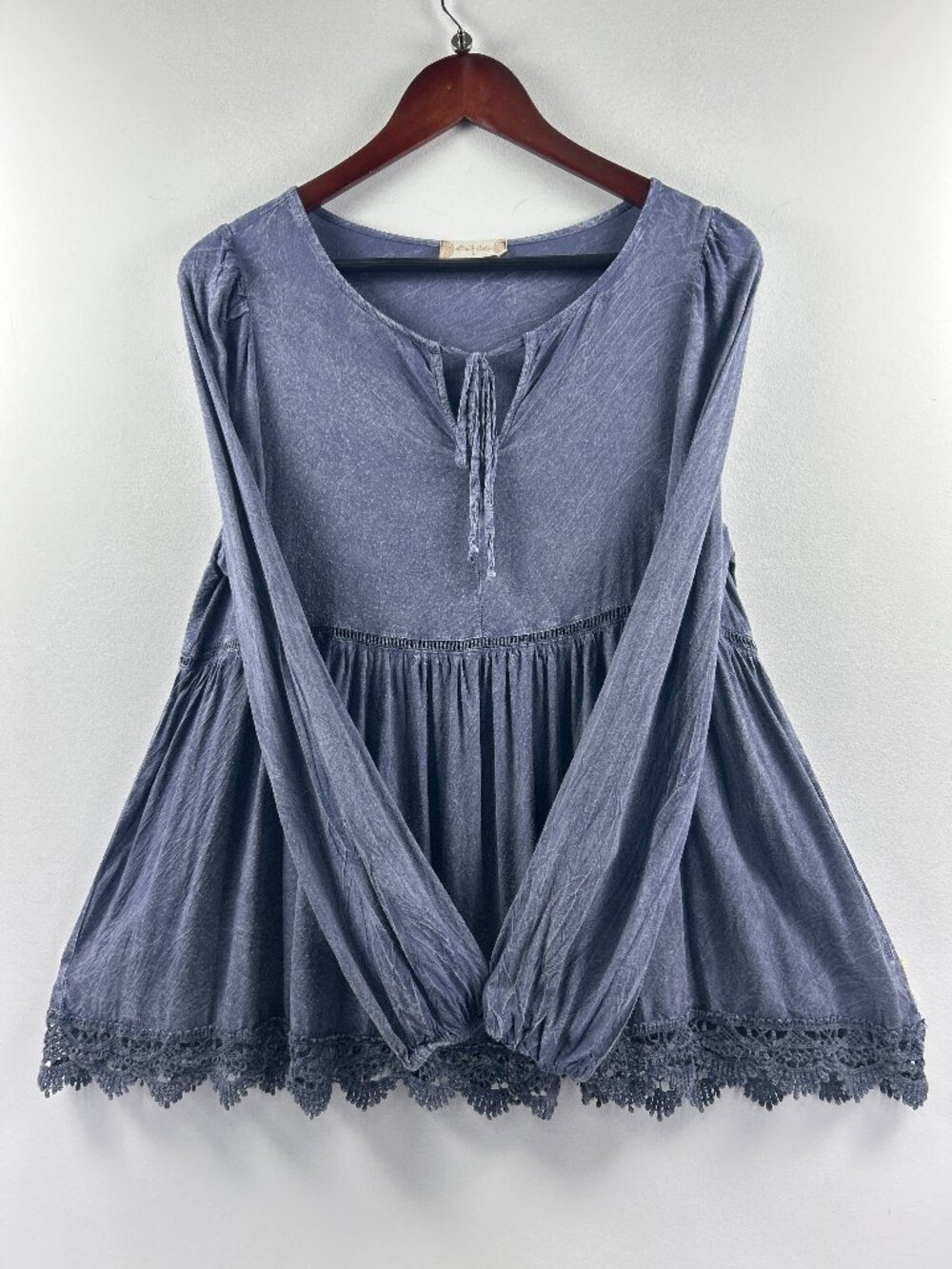 Altar'd State Blue Mineral Wash Lace Trim Boho Top S